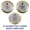 Custode hosties en métal couleur dorée, plaque métal couleur argentée émaillé JHS croix Ø 6 cm.