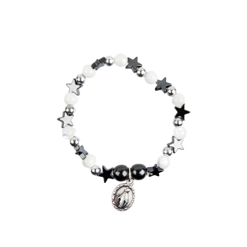 Bracelet sur élastique pour enfant avec grains en hématite forme Etoile et grains nacre Ø 6 mm, médaille V. Miraculeuse