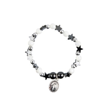 Bracelet sur élastique pour enfant avec grains en hématite forme Etoile et grains nacre Ø 6 mm, médaille V. Miraculeuse