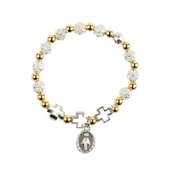 Bracelet dizainier sur élastique pour enfant avec grains métal forme rose Ø 6 mm et médaille V Miraculeuse.