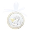 Médaille de berceau plaque laminée argentée et dorée Ø 6.5 cm avec ruban blanc. Livrée en boite. Plusieurs modèles.