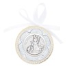 Médaille de berceau, plaque laminée Ø 6.5 cm avec ruban blanc. Livrée en boite. Plusieurs modèles.