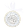 Médaille de berceau, plaque laminée Ø 6.5 cm avec ruban blanc. Livrée en boite. Plusieurs modèles.