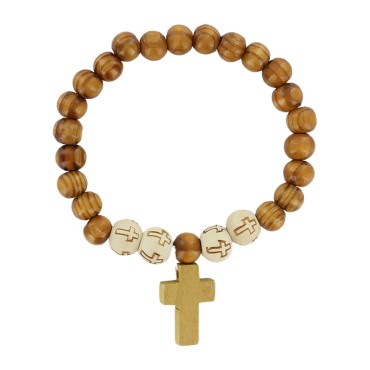 Bracelet sur élastique grains en bois et grains imprimes avec croix Ø 8 mm avec croix bois.