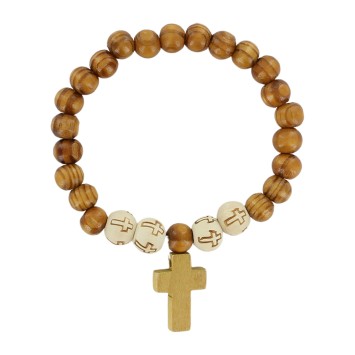 Bracelet sur élastique grains en bois et grains imprimes avec croix Ø 8 mm avec croix bois.