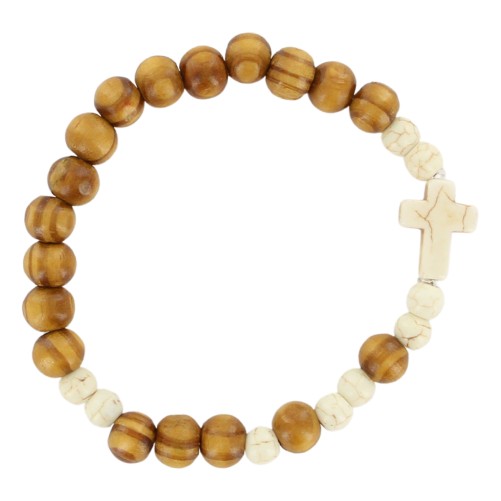 Bracelet sur élastique grains en bois et pierres synthétiques assorties Ø 6 mm avec croix - LOT DE 5 ASSORTIS