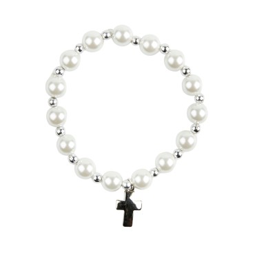Bracelet sur élastique grains nacrés blancs Ø 7 mm avec croix métal.