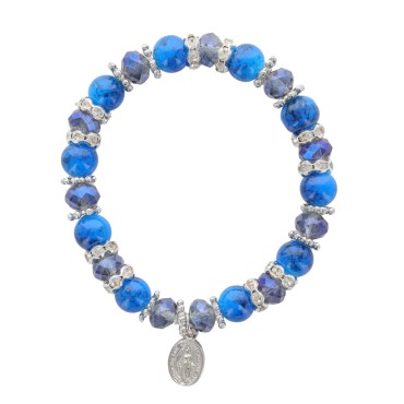 Bracelet sur elastique grains verre, facettes et strass, Ø 8 mm, avec croix.