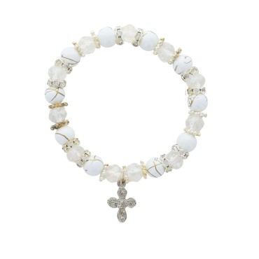 Bracelet sur elastique grains verre, facettes et strass, Ø 8 mm, avec croix.