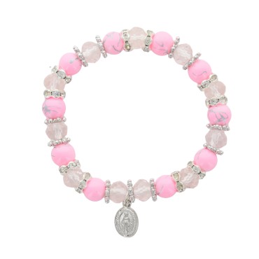 Bracelet sur elastique grains verre, facettes et strass, Ø 8 mm, avec croix.