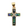 Croix de cou en coquille d'Ormeau/Paua avec torsade en pierres OZ dorée en laiton, hauteur 2 cm.