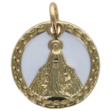 Médaille en coquille naturelle et pierres OZ avec la Vierge Miraculeuse en laiton doré, Ø 1,3 cm. VENDU PAR LOT DE 5.
