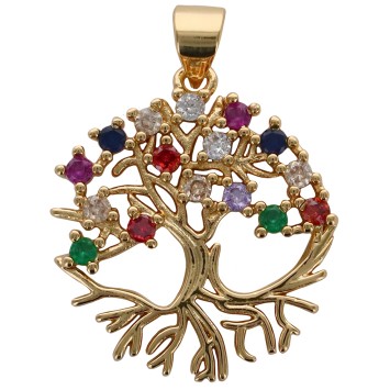 Pendentif de l arbre de vie de couleur dore avec pierres OZ de différentes couleurs. H 2 cm. VENDU PAR LOT DE 5