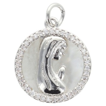 Pendentif rond laiton couleur argentée de la Vierge Ø 2 cm avec pierres OZ.