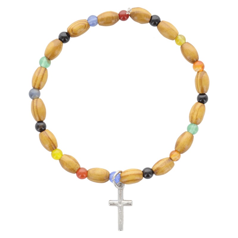 Bracelet sur élastique grains en bois ovale + grains Agathe Ø 5-8 mm, avec croix métal.