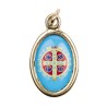 Médaille métal couleur dorée ovale H. 2,5 cm avec résine, plusieurs saints.