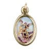 Médaille métal couleur dorée ovale H. 2,5 cm avec résine, plusieurs saints.