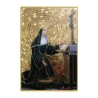 Cadre en bois à suspendre, finition feuille d’or – H. 15 x 10 cm, image collée, plusieurs saints.