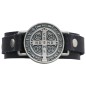 Bracelet en cuir noir pour homme, ajustable, avec médaille de saint Benoît en argent vieilli. Longueur : 22 cm.