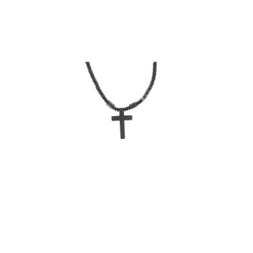 Collier en hématite synthétique L. 45 cm, croix H. 3,2 cm avec fermoir magnétique.