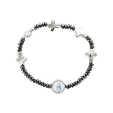 Bracelet sur élastique grains hématite Ø 3 mm et croix avec croix médaille résine VM