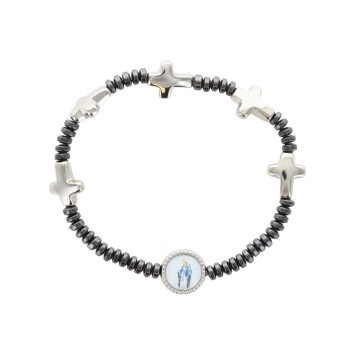 Bracelet sur élastique grains hématite Ø 3 mm et croix avec croix médaille résine VM