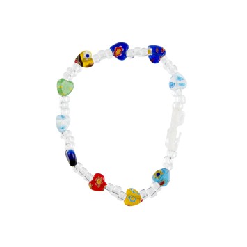 Bracelet dizainier sur elastique grains forme cœur imitation Murano Ø 8 mm avec croix.