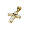 Croix de cou en nacre avec pierres OZ sertie sur métal couleur dorée H. 2 cm.