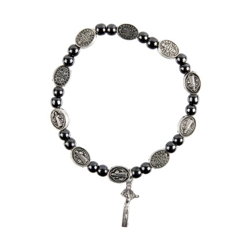 Bracelet dizainier sur elastique avec medailles de saint Benoit et grains en hematite, Ø 7 mm, avec croix de St Benoit.