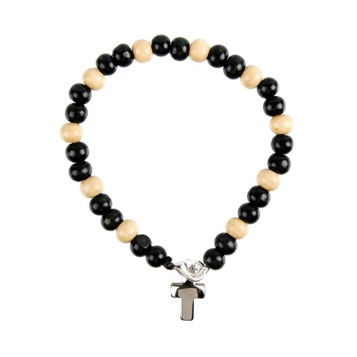 Bracelet dizainier sur corde grains bois noirs et blancs, Ø 8 mm avec fermoir et croix métal.