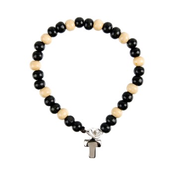 Bracelet dizainier sur corde grains bois noirs et blancs, Ø 8 mm avec fermoir et croix métal.