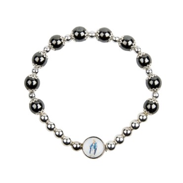 Bracelet dizainier sur elastique grains en hematite Ø 8 mm et coupelles couleur argentee, a personnaliser avec une resine.