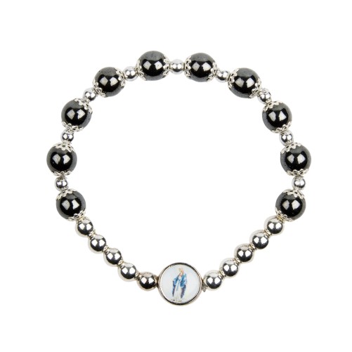 Bracelet dizainier sur elastique grains en hematite Ø 8 mm et coupelles couleur argentee, a personnaliser avec une resine.