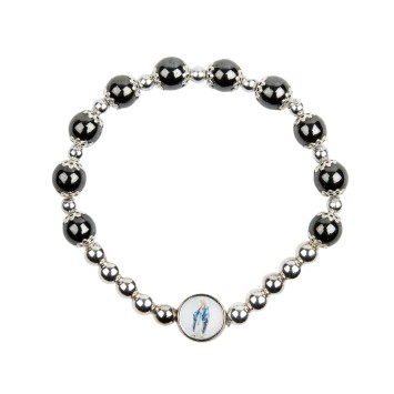 Bracelet dizainier sur elastique grains en hematite Ø 8 mm et coupelles couleur argentee, a personnaliser avec une resine.