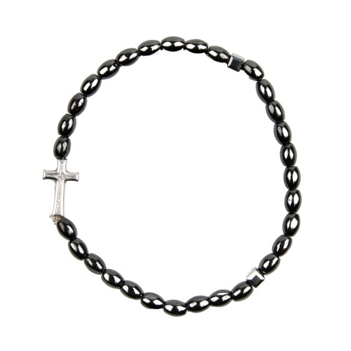 Bracelet sur élastique grains ovales hématite, Ø 4 mm, avec croix. Taille Homme