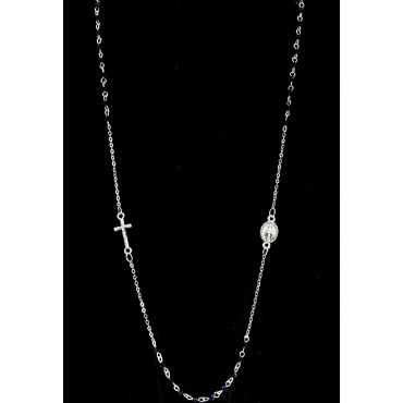 Collier chaine couleur argentée L. 50 cm avec croix et médaille V.Miraculeuse, grains semi cristal Ø 3 mm, livre boite.