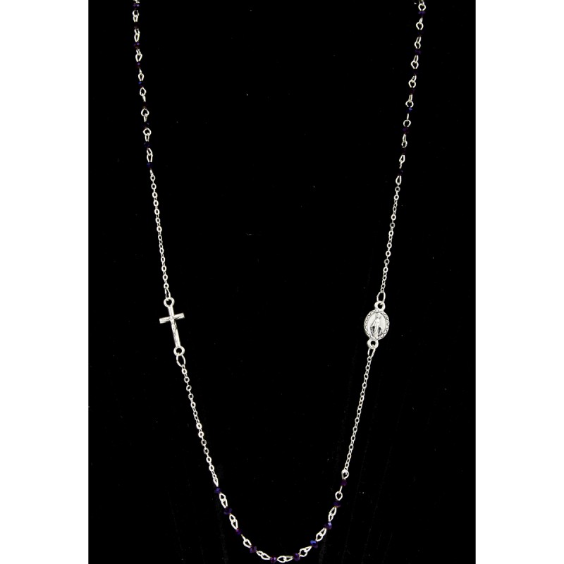 Collier chaine couleur argentée L. 50 cm avec croix et médaille V.Miraculeuse, grains semi cristal Ø 3 mm, livre boite.