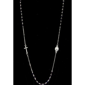 Collier chaine couleur argentée L. 50 cm avec croix et médaille V.Miraculeuse, grains semi cristal Ø 3 mm, livre boite.