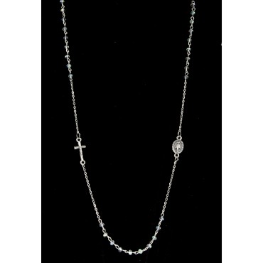 Collier chaine couleur argentée L. 50 cm avec croix et médaille V.Miraculeuse, grains semi cristal Ø 3 mm, livre boite.