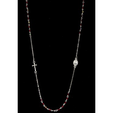 Collier chaine couleur argentée L. 50 cm avec croix et médaille V.Miraculeuse, grains semi cristal Ø 3 mm, livre boite.