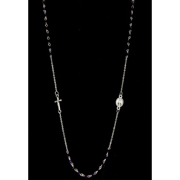 Collier chaine couleur argentée L. 50 cm avec croix et médaille V.Miraculeuse, grains semi cristal Ø 3 mm, livre boite.