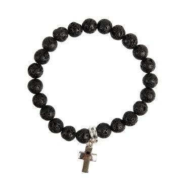 Bracelet sur élastique grains en pierre de lave naturelle Ø 7 mm avec croix métal.