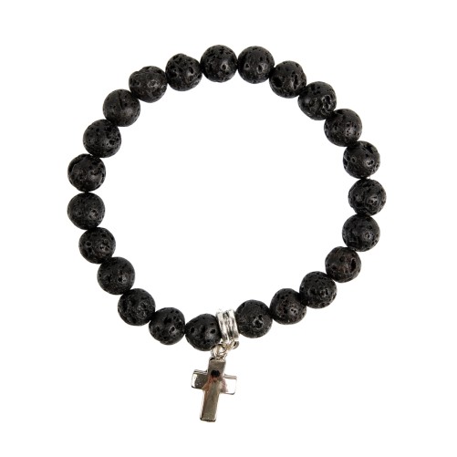 Bracelet sur élastique grains en pierre de lave naturelle Ø 7 mm avec croix métal.