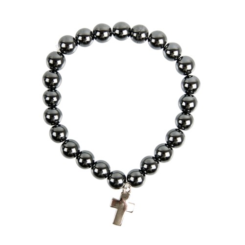 Bracelet sur elastique en pierre naturelle ou synthetique Ø 8 mm avec croix metal.