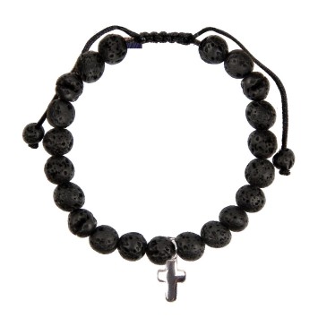 Bracelet sur corde réglable grains en pierre de lave naturelle Ø 7 mm avec croix en métal.