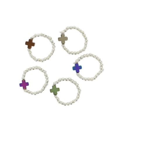 Bague sur élastique grains métal avec croix hématite synthétique couleur assortie, LOT DE 5
