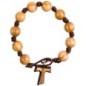 Bracelet dizainier sur corde grains ronds en bois d'olivier, Ø 1 cm, croix de Tau..