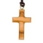Croix de cou biseautée en bois d'olivier H. 3 cm avec cordon cuir 70 cm..