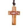 Croix de cou en bois d'olivier Ichtus imprimé en rouge H. 3,5 cm avec cordon cuir 70 cm..