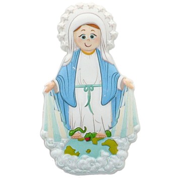 Magnet de la Vierge Miraculeuse en relief, H. 8 x 4.5 cm.